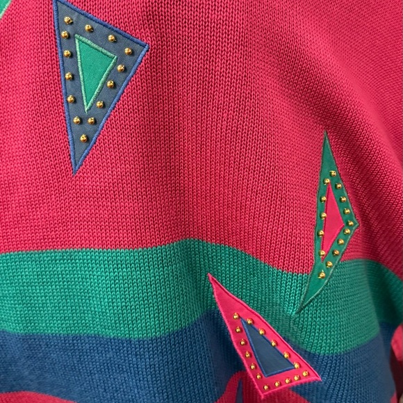 Vintage A J Classics by Aseret 90’s Sweater L Geometric Appliqué MTV Stripes NWT - Picture 4 of 7